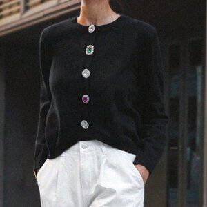Black Casual Women's Crew Neck Knitted Cardigan Sweater